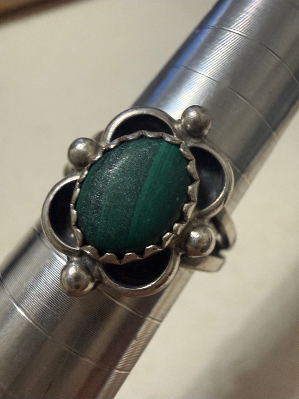 Sterling Silver not marked Green Malachite Oval Statement Ring size 5.25